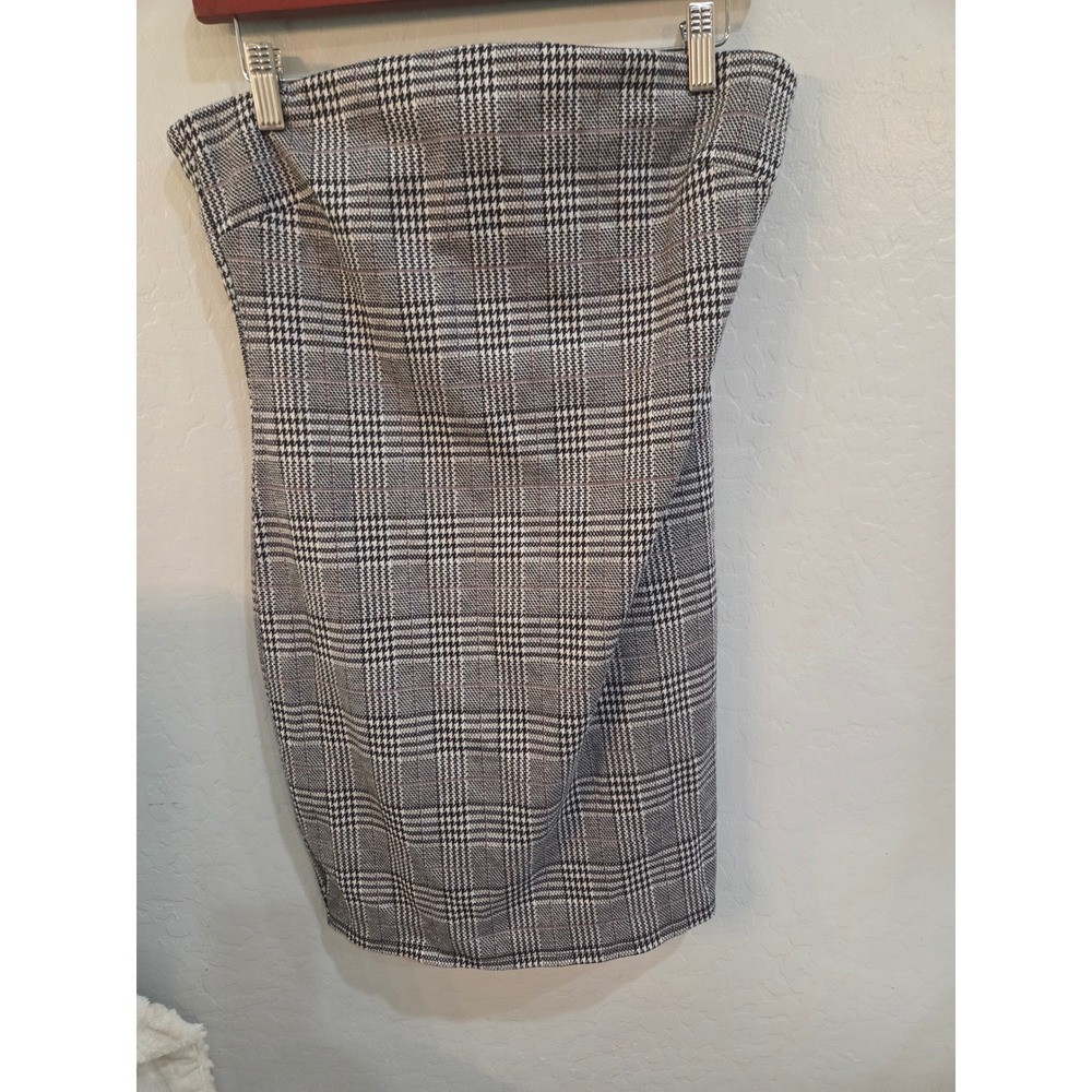 Bozzolo Vintage 90s Style Plaid Strapless Mini Dress Grey Black White Large